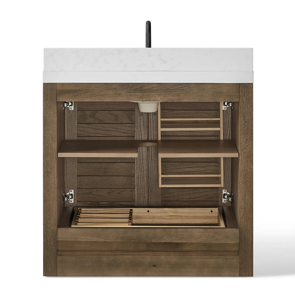 36 Inch Single Sink Bathroom Vanity with White Wide Louvered Doors & Quartz Top