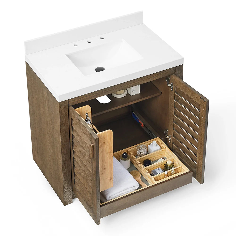 36 Inch Single Sink Bathroom Vanity with White Wide Louvered Doors & Quartz Top
