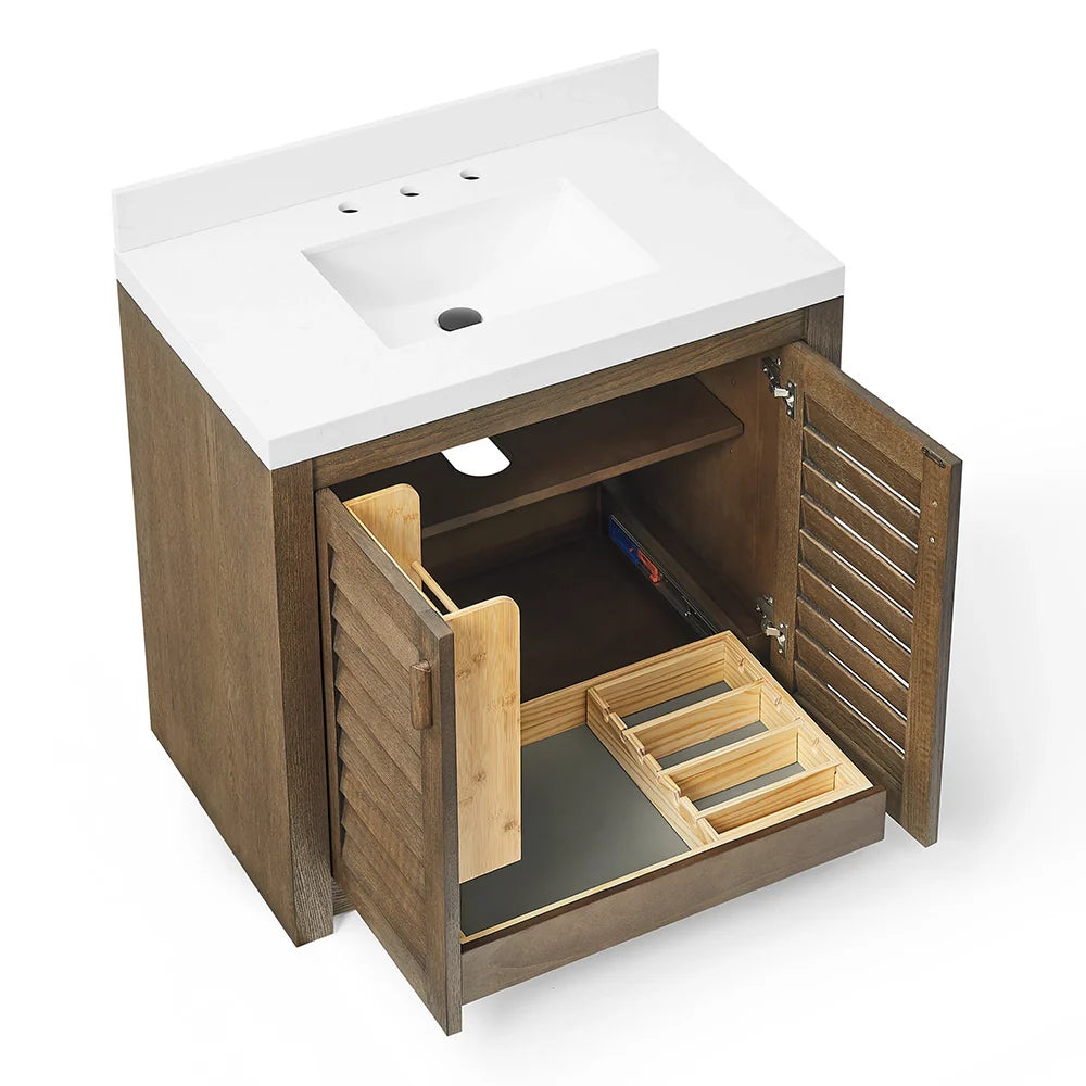36 Inch Single Sink Bathroom Vanity with White Wide Louvered Doors & Quartz Top