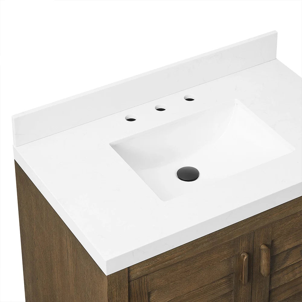 36 Inch Single Sink Bathroom Vanity with White Wide Louvered Doors & Quartz Top