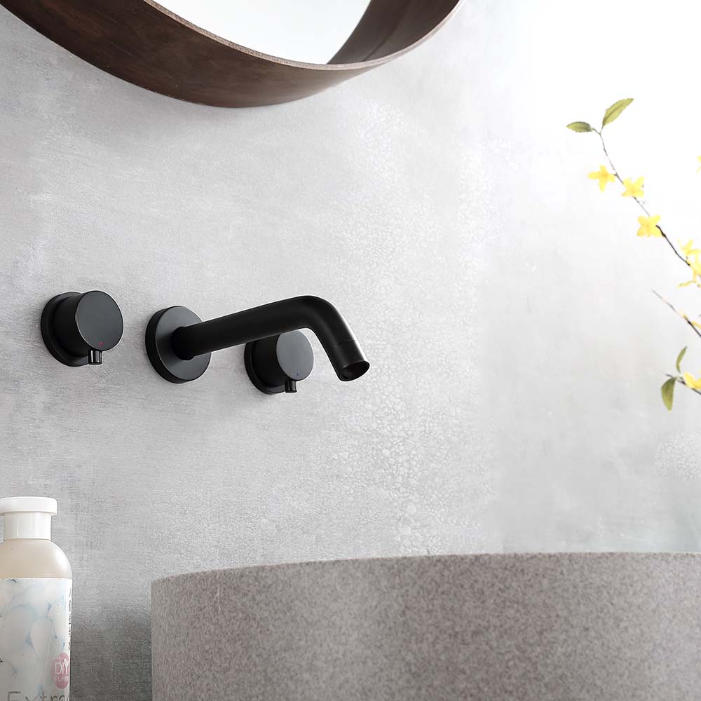 Matte Black Round Double Handle Wall-mounted Bathroom Basin Faucet