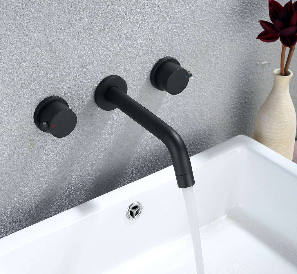 Matte Black Round Double Handle Wall-mounted Bathroom Basin Faucet