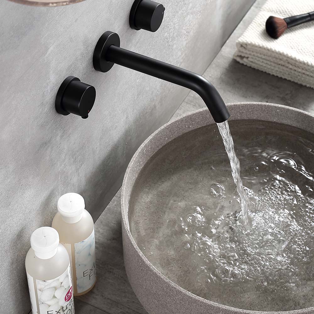 Matte Black Round Double Handle Wall-mounted Bathroom Basin Faucet