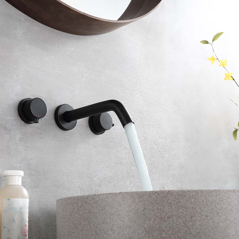 Matte Black Round Double Handle Wall-mounted Bathroom Basin Faucet