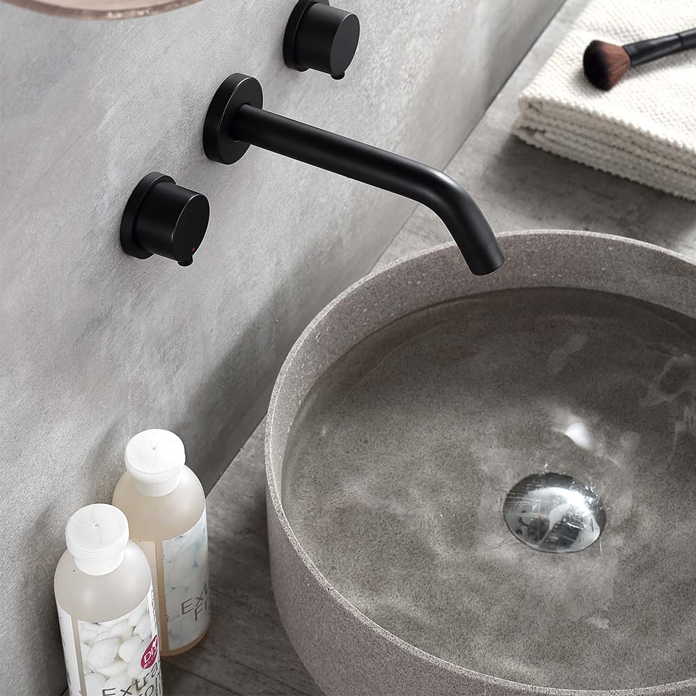 Matte Black Round Double Handle Wall-mounted Bathroom Basin Faucet