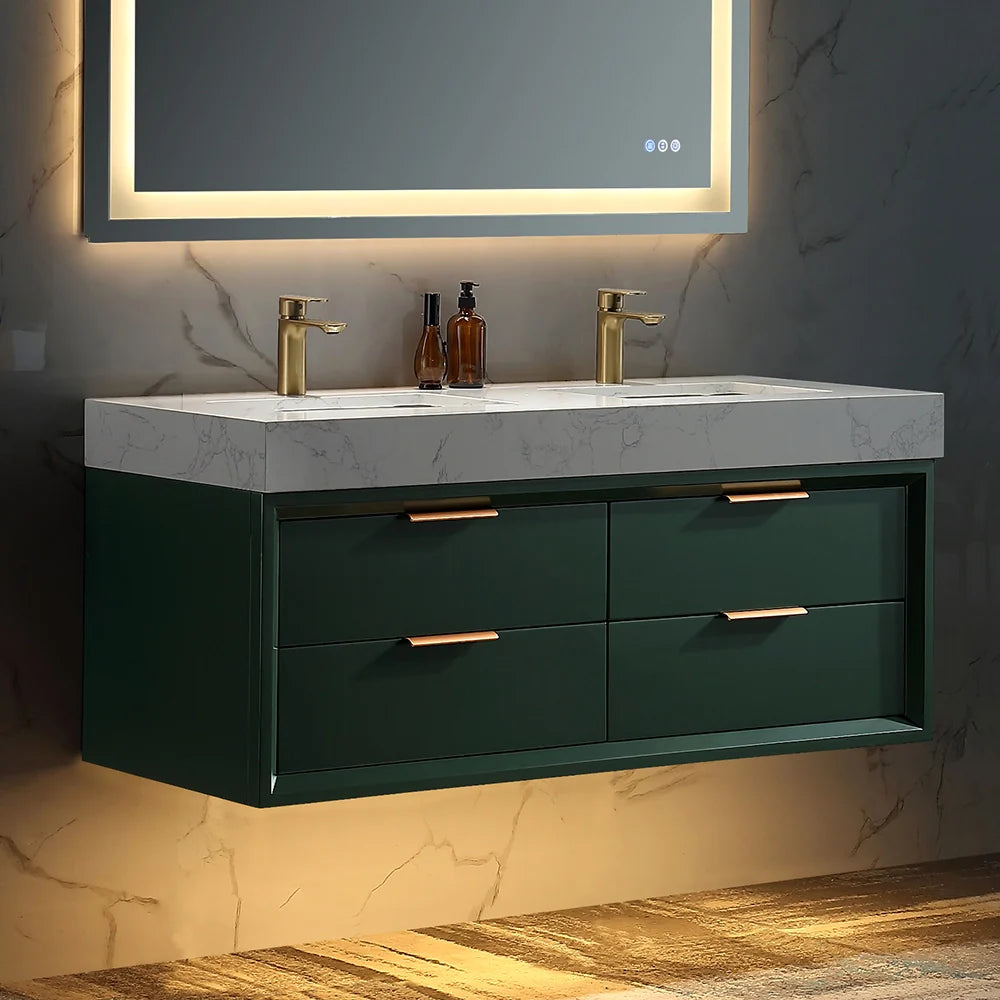 48 Inch Modern Wall Mounted Double Bathroom Vanity with Marble Countertop