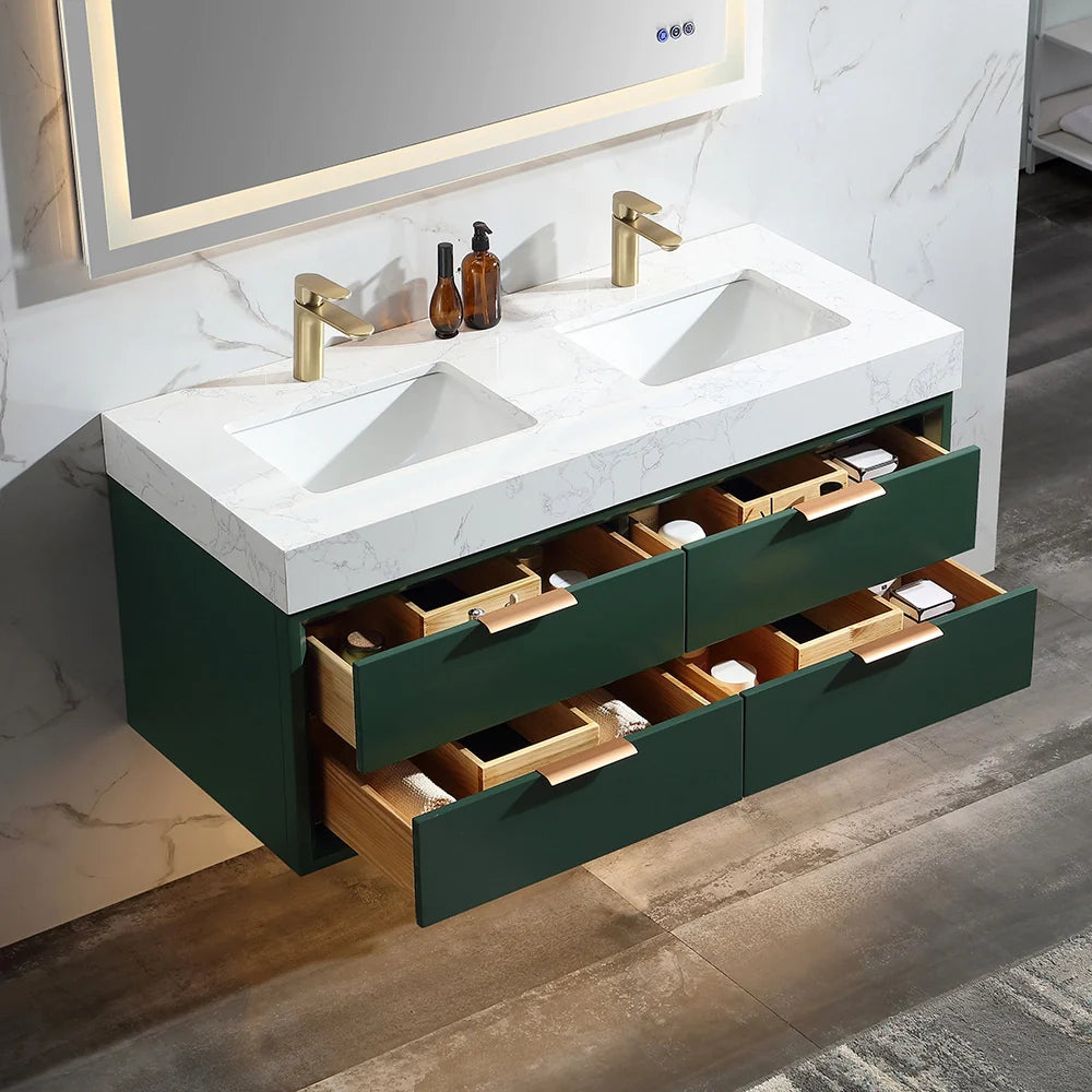48 Inch Modern Wall Mounted Double Bathroom Vanity with Marble Countertop