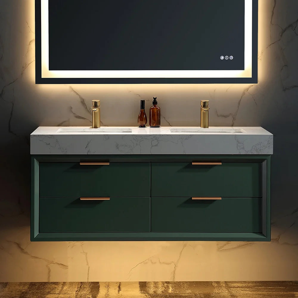 48 Inch Modern Wall Mounted Double Bathroom Vanity with Marble Countertop