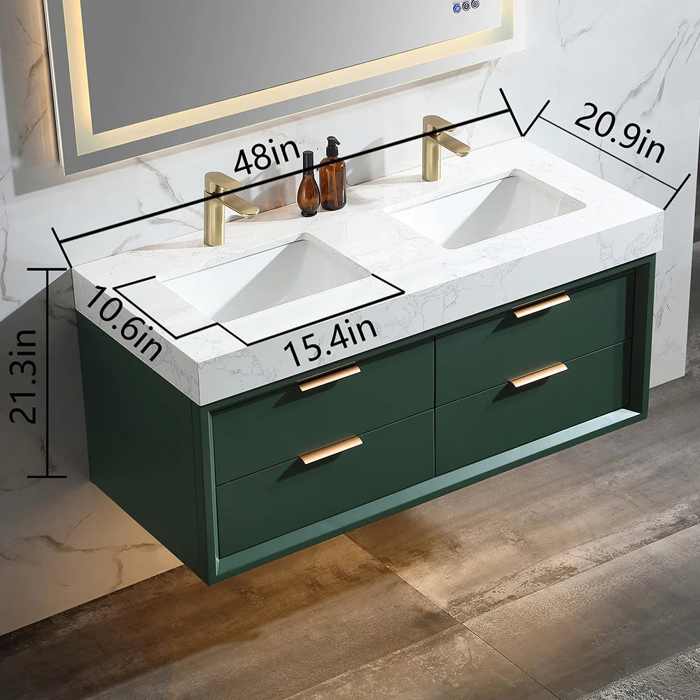 48 Inch Modern Wall Mounted Double Bathroom Vanity with Marble Countertop