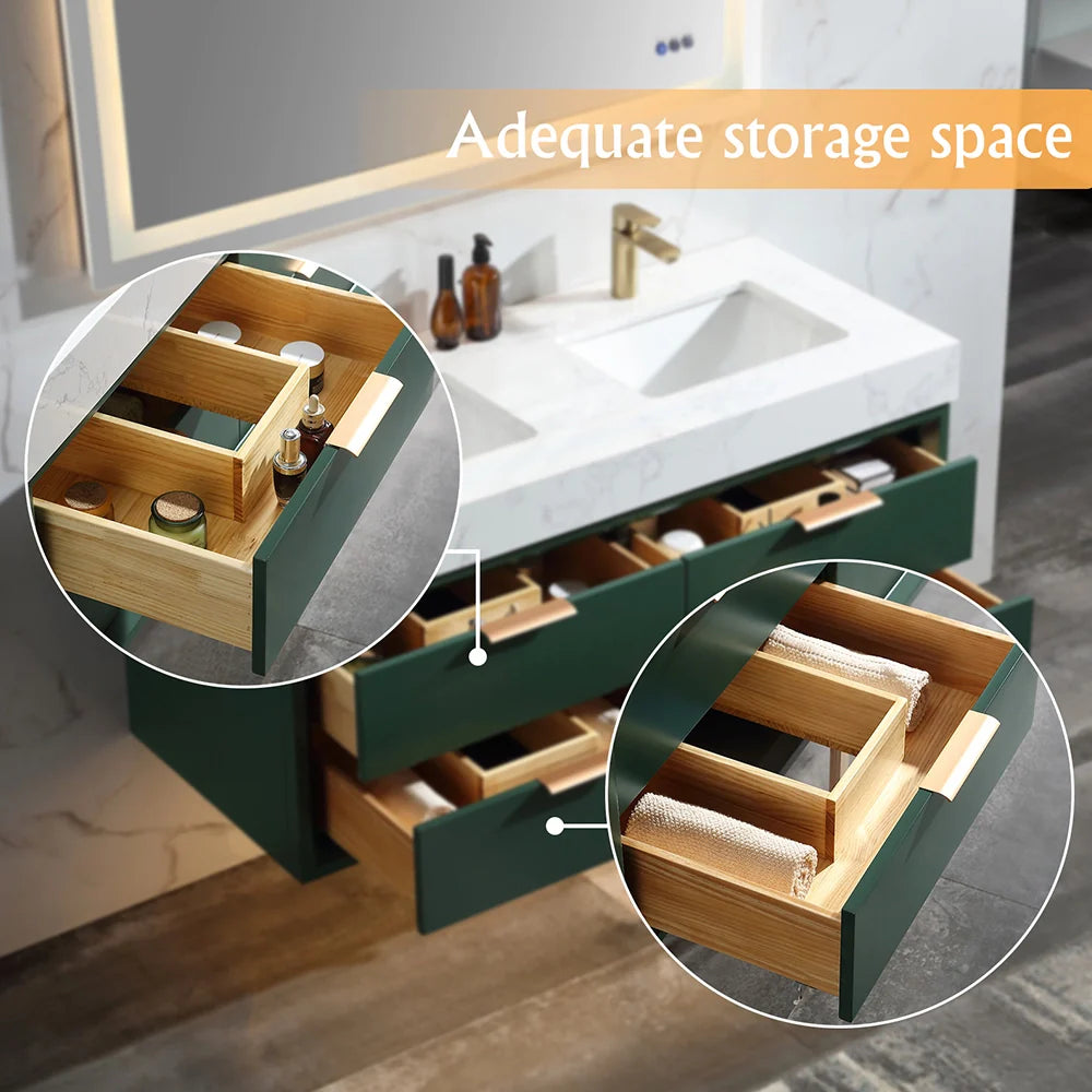 48 Inch Modern Wall Mounted Double Bathroom Vanity with Marble Countertop