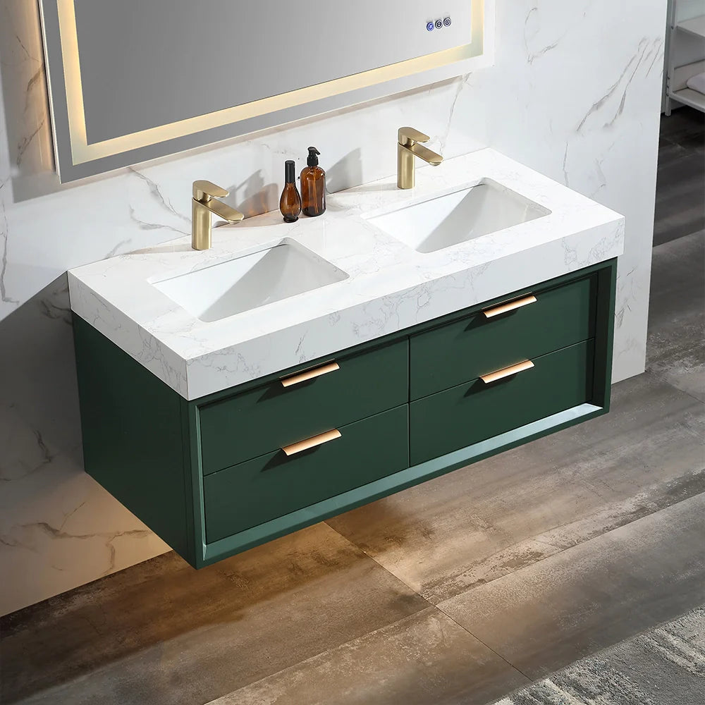 48 Inch Modern Wall Mounted Double Bathroom Vanity with Marble Countertop
