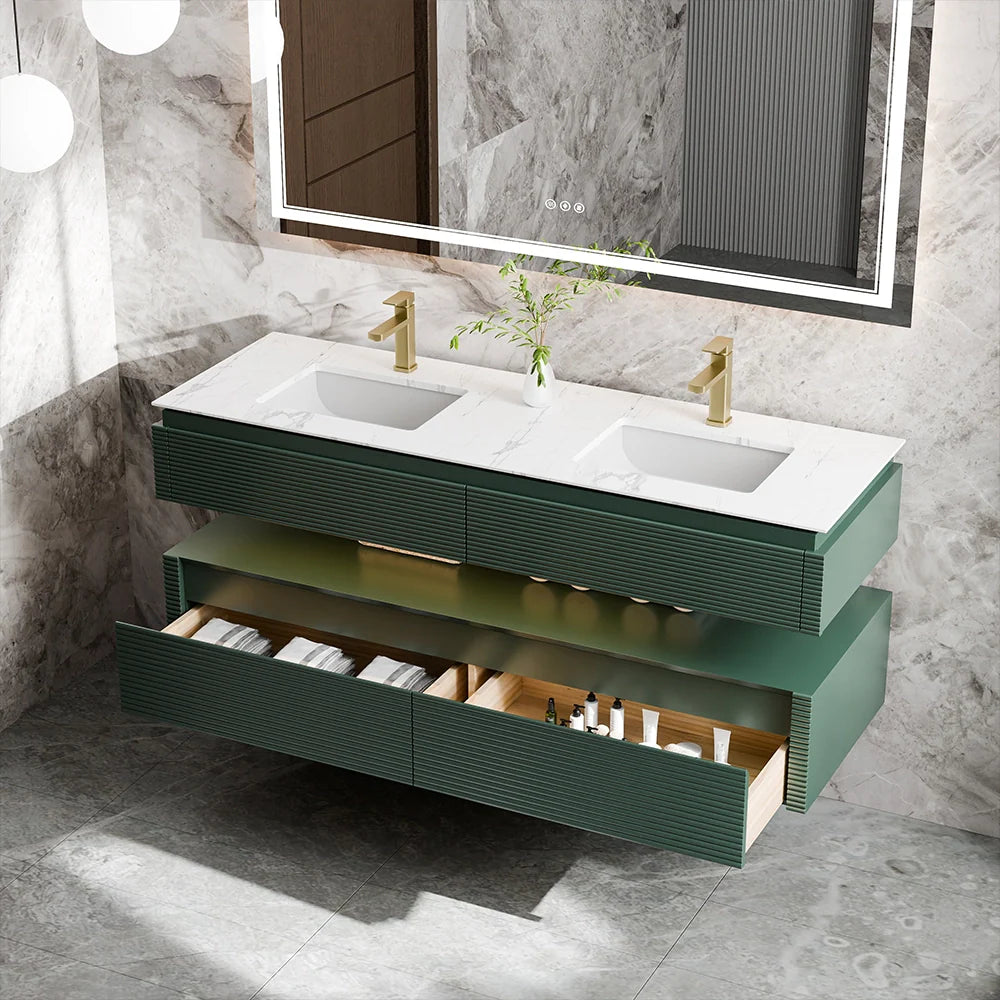 60 Inch Floating Bathroom Vanity with LED Lights & Double Sinks