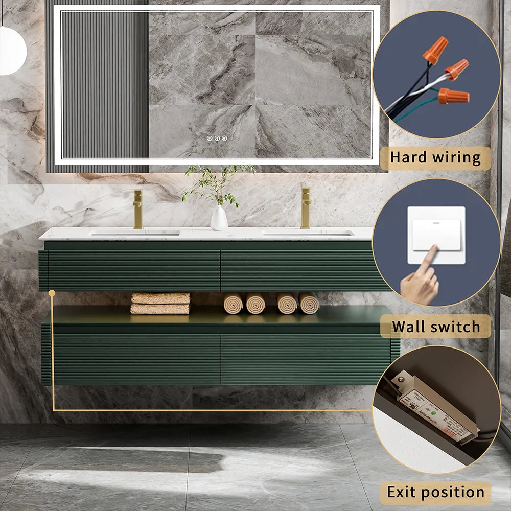 60 Inch Floating Bathroom Vanity with LED Lights & Double Sinks