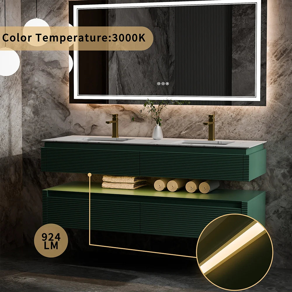 60 Inch Floating Bathroom Vanity with LED Lights & Double Sinks