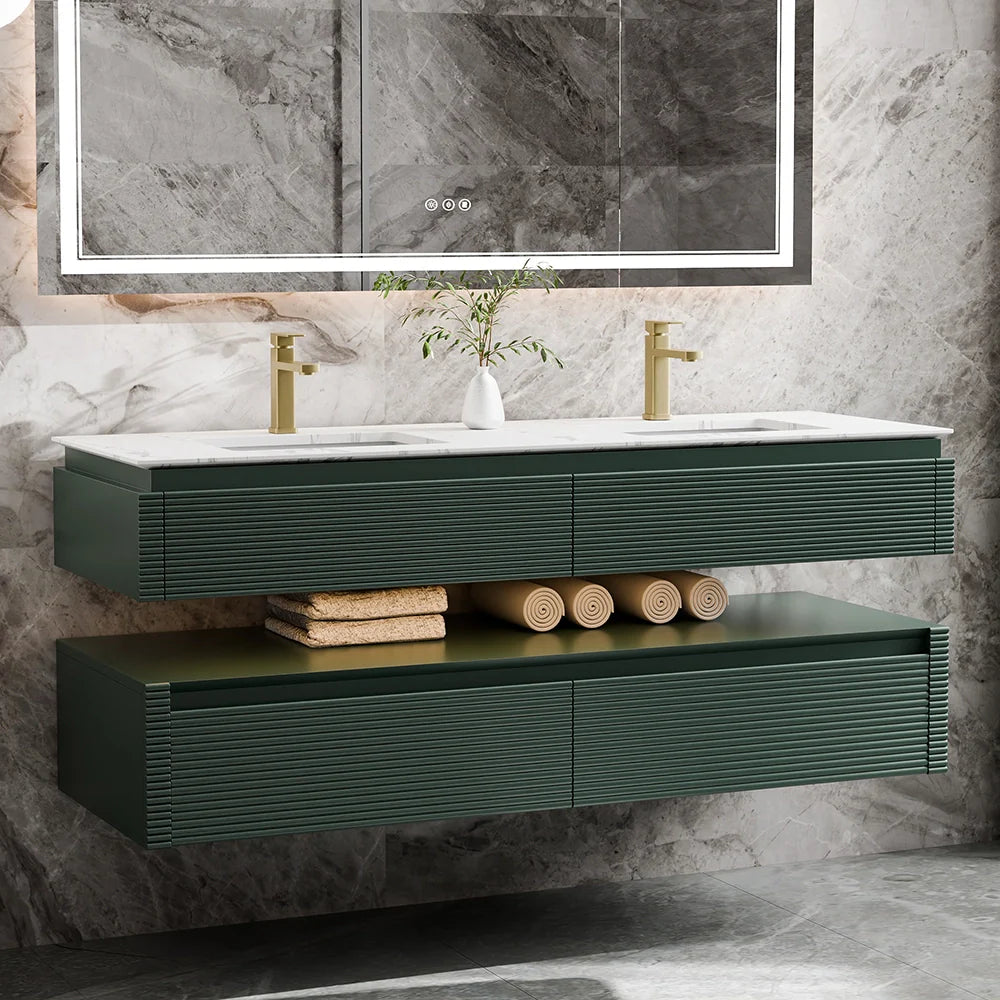 60 Inch Floating Bathroom Vanity with LED Lights & Double Sinks