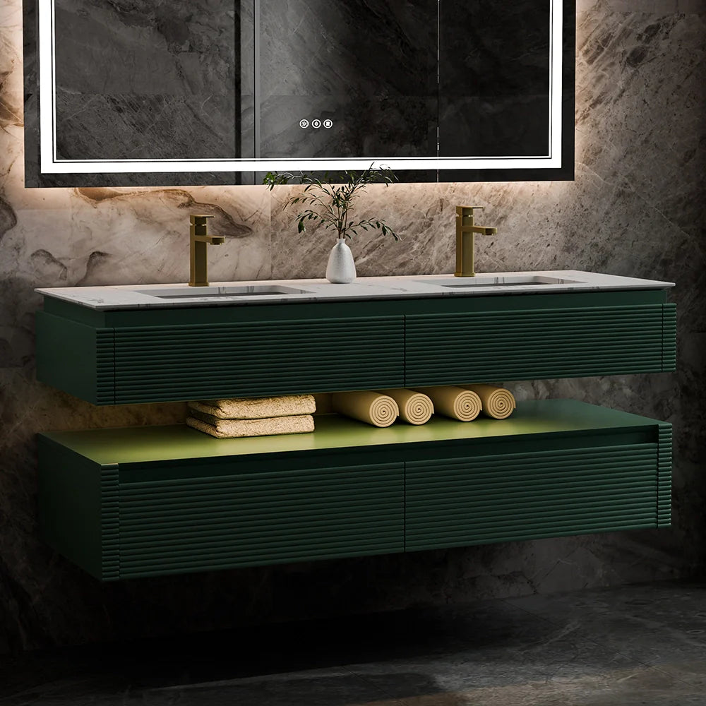 60 Inch Floating Bathroom Vanity with LED Lights & Double Sinks