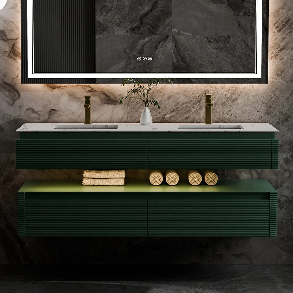 60 Inch Floating Bathroom Vanity with LED Lights & Double Sinks