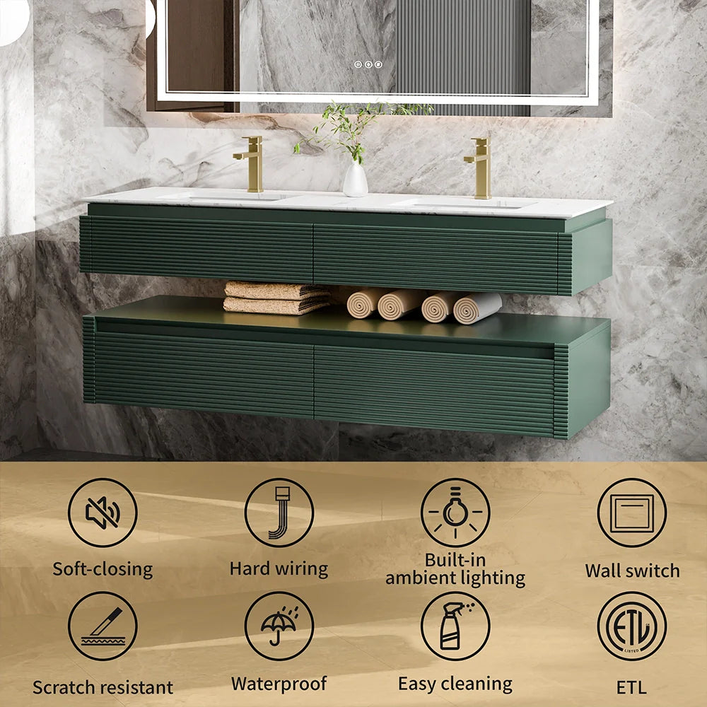 60 Inch Floating Bathroom Vanity with LED Lights & Double Sinks