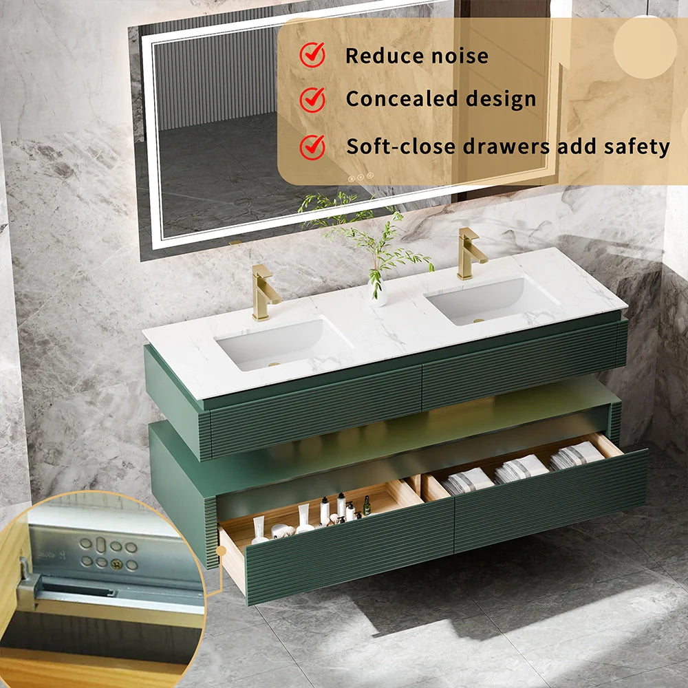 60 Inch Floating Bathroom Vanity with LED Lights & Double Sinks