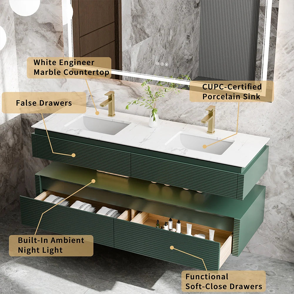 60 Inch Floating Bathroom Vanity with LED Lights & Double Sinks