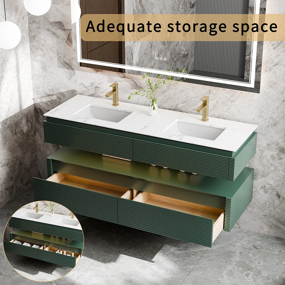 60 Inch Floating Bathroom Vanity with LED Lights & Double Sinks