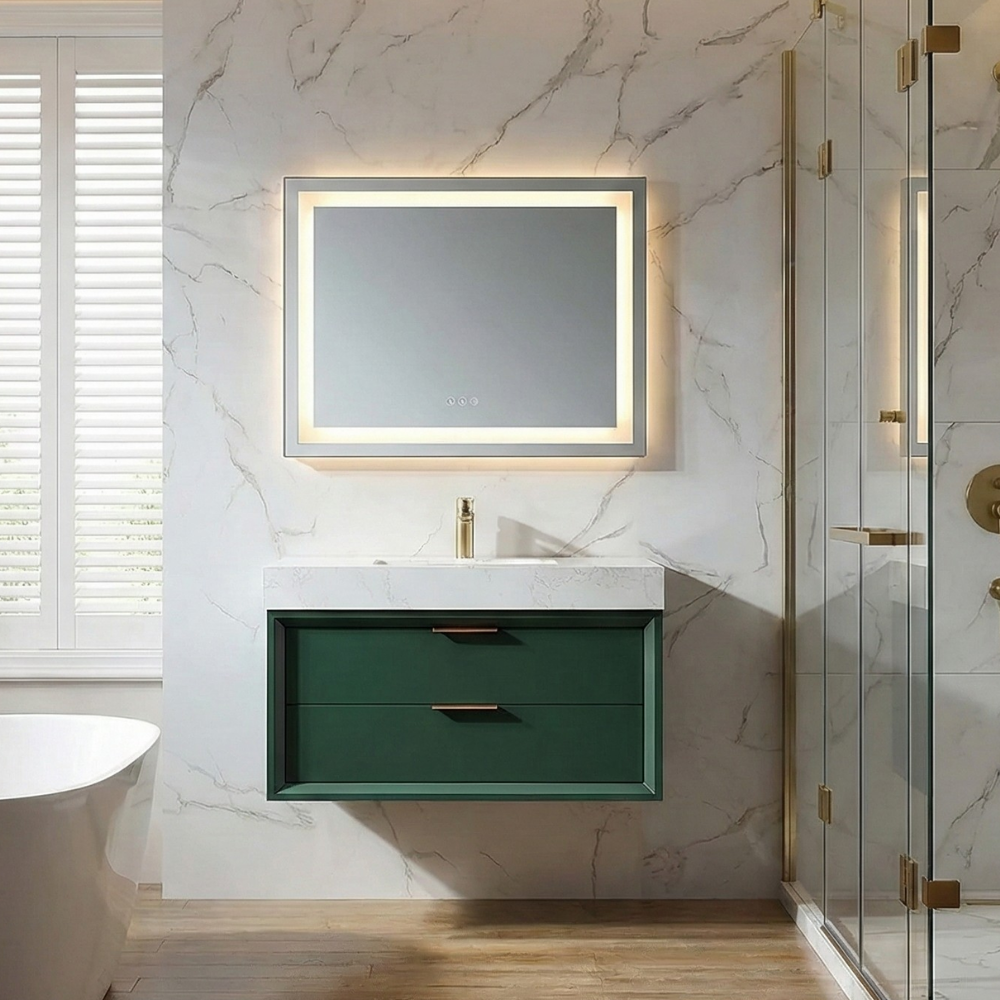 36 Inch Wall-Mounted Bathroom Vanity with Engineered Stone Top