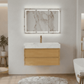 36 Inch Natural Maple Floating Bath Vanity in Brown with Marble Countertop