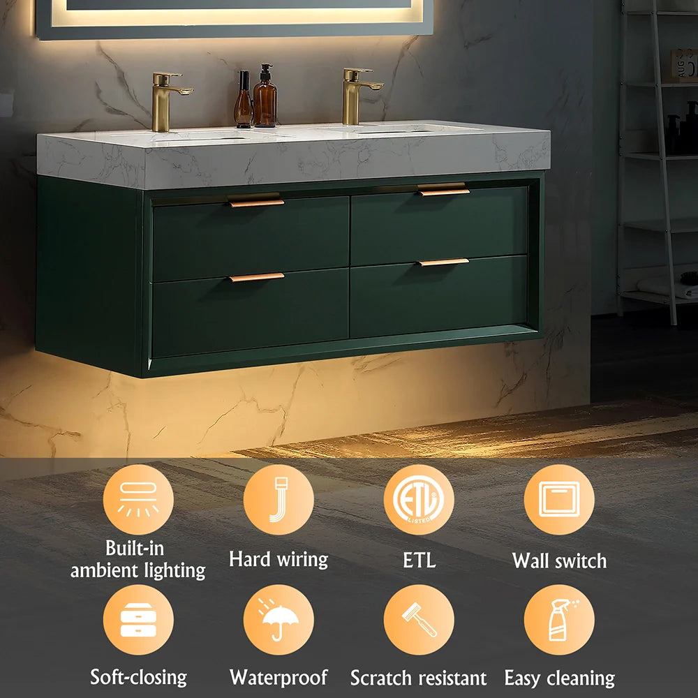 48 Inch Modern Wall Mounted Double Bathroom Vanity with Marble Countertop