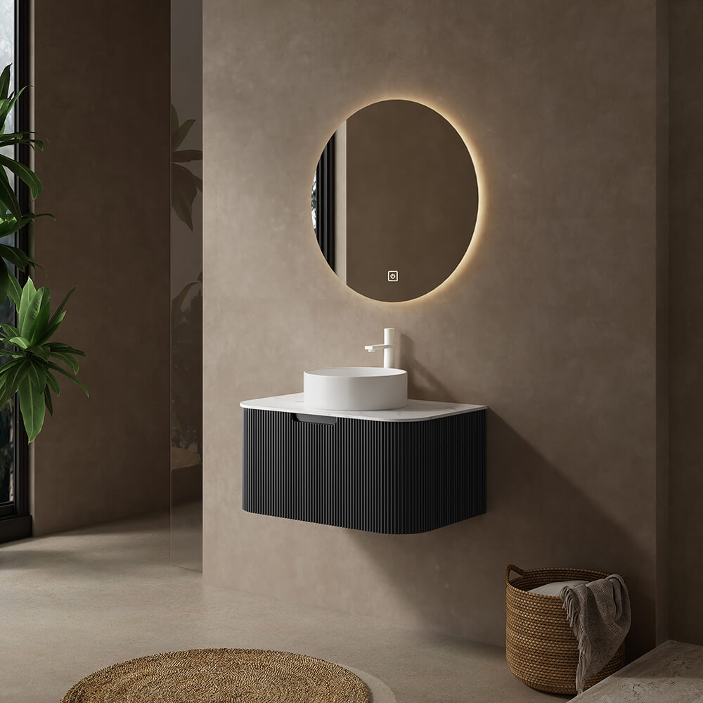 30" Bathroom Vanity,  White Round Ceramic Basin without Faucet, Black