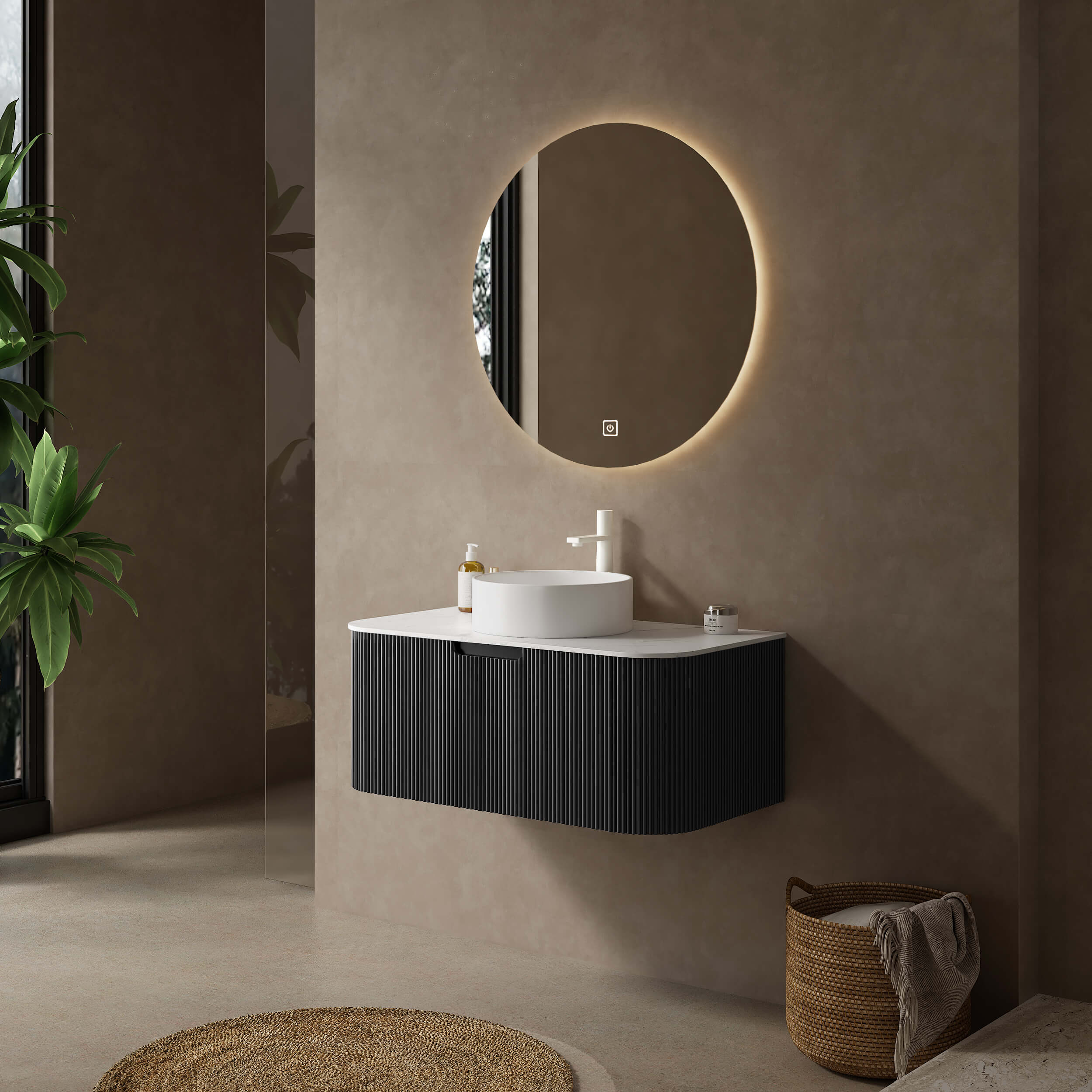 36" Bathroom Vanity,  White Round Ceramic Basin without Faucet, Black