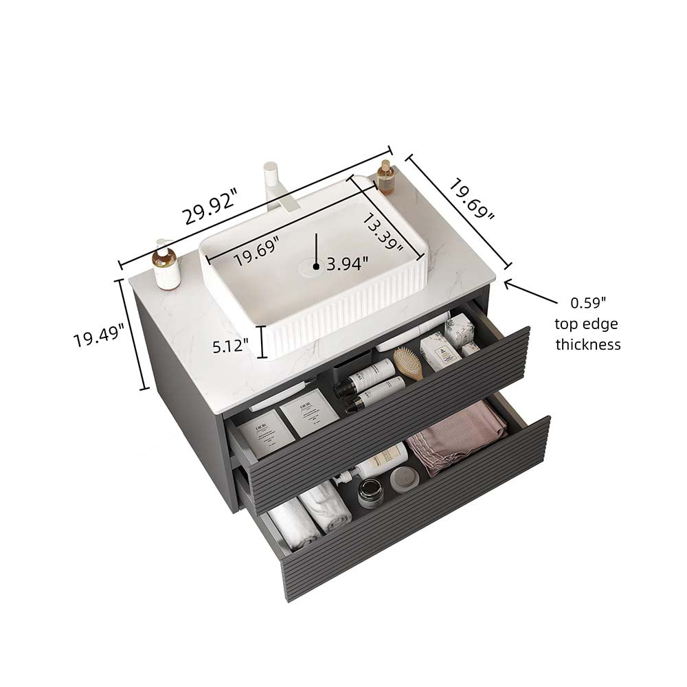 30" Wall-Mounted Gray Bathroom Vanity with Vessel Sink No Faucet