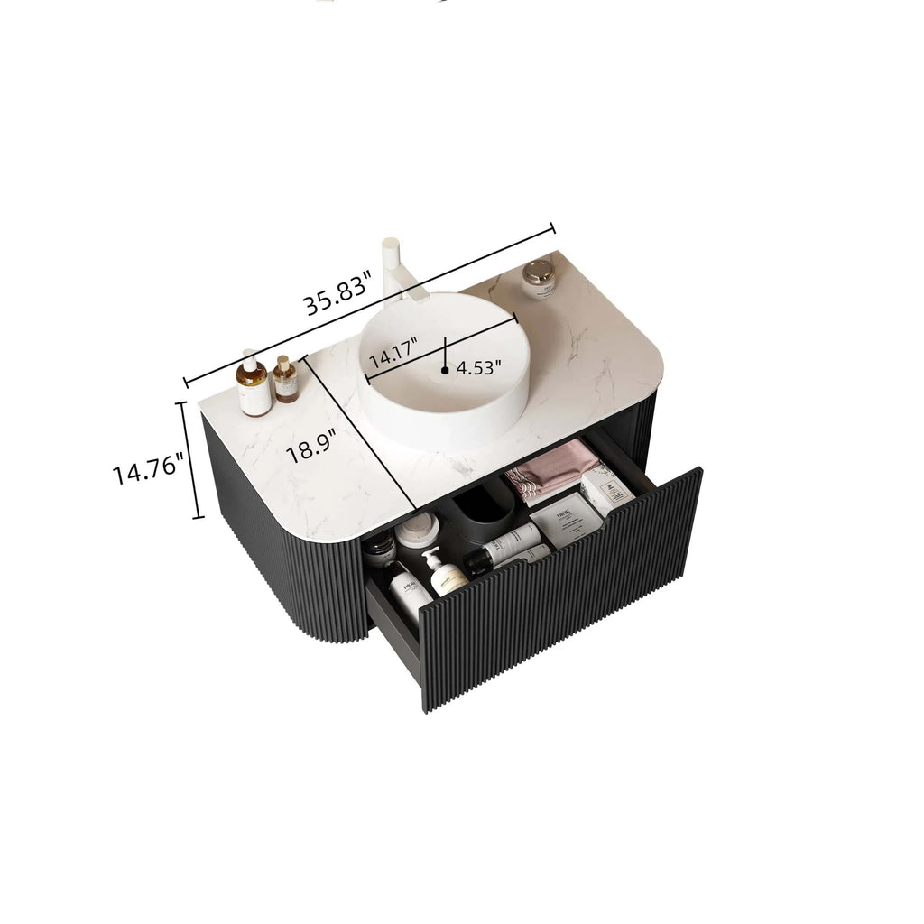 36" Bathroom Vanity,  White Round Ceramic Basin without Faucet, Black