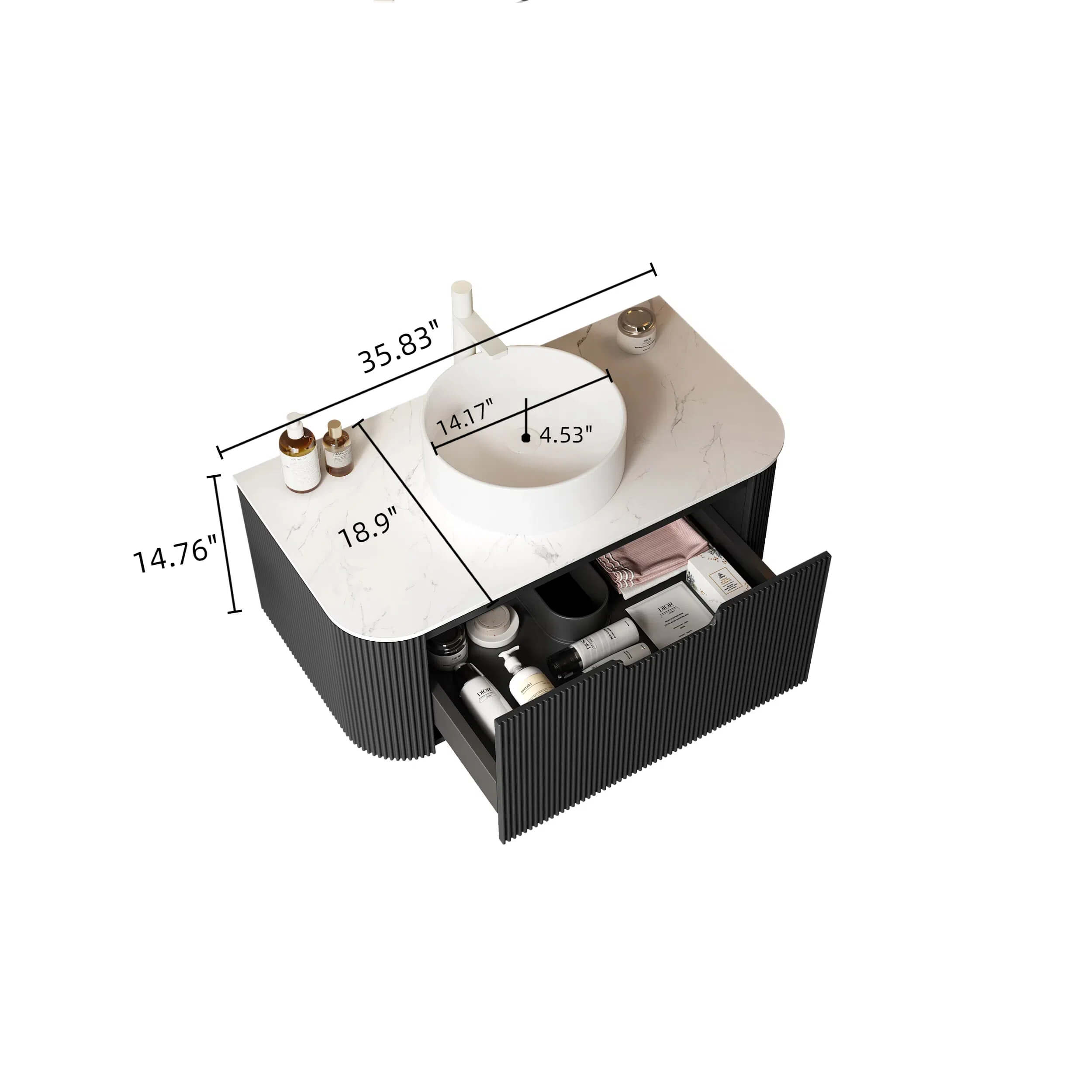 36" Bathroom Vanity,  White Round Ceramic Basin without Faucet, Black