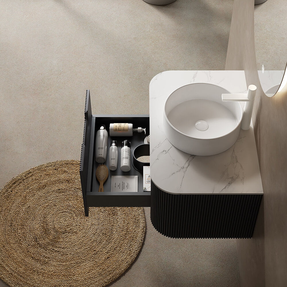 30" Bathroom Vanity,  White Round Ceramic Basin without Faucet, Black