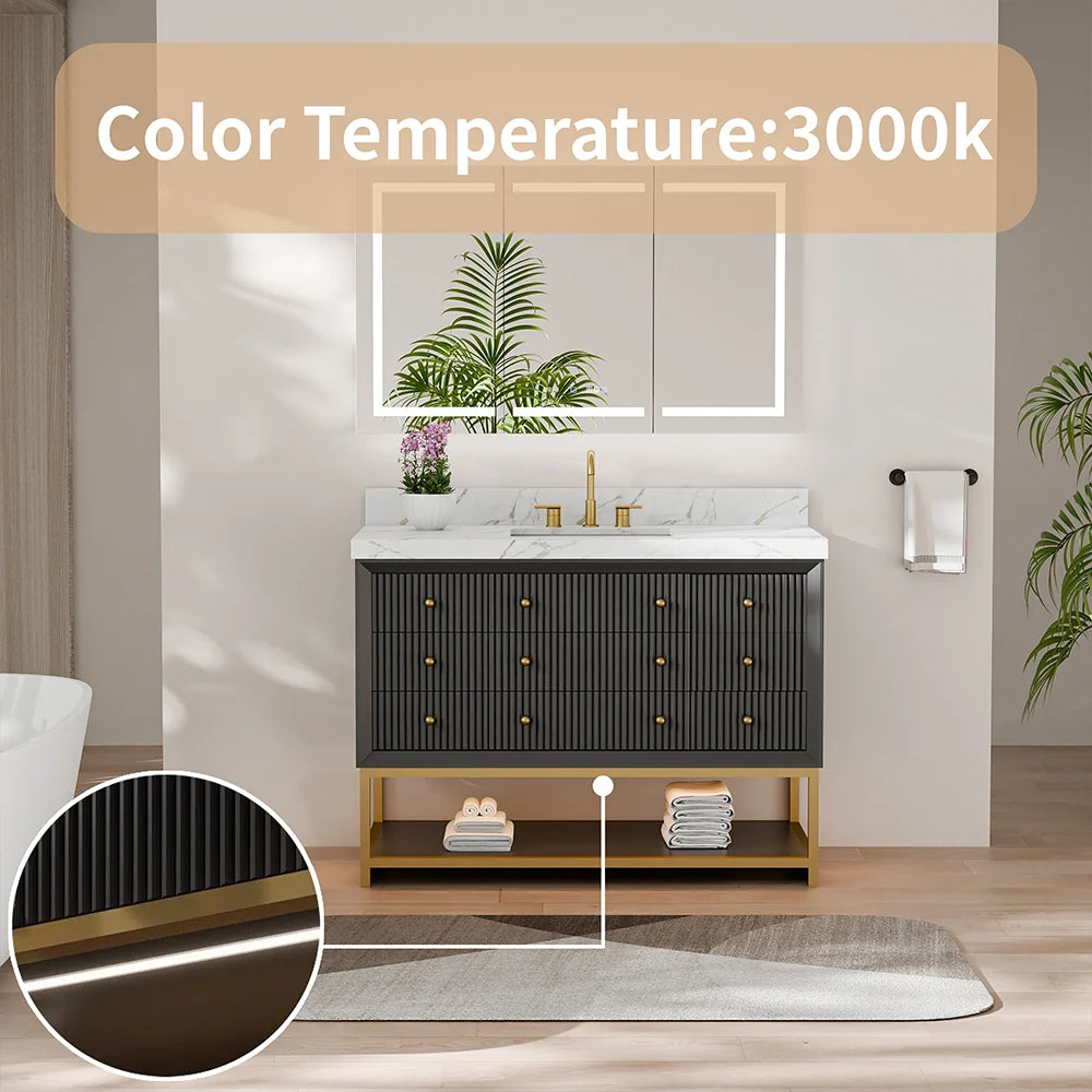 48-In Fluted Solid Wood Bathroom Vanity, PU Lacquer, Half-Frame Steel Base – Single Sink