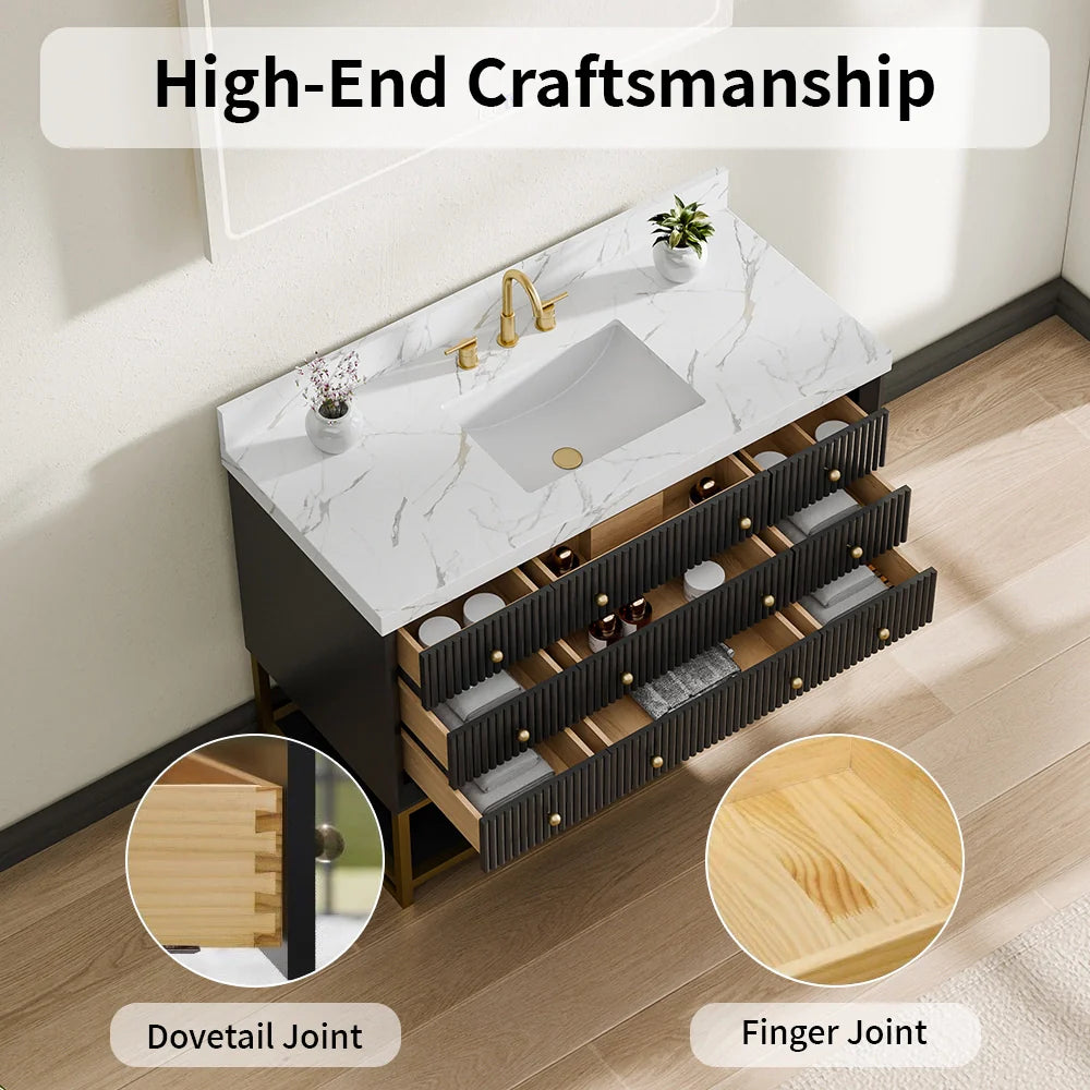 48-In Fluted Solid Wood Bathroom Vanity, PU Lacquer, Half-Frame Steel Base – Single Sink