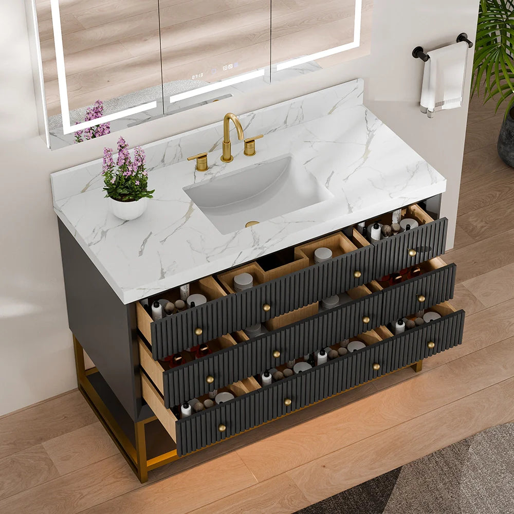 48-In Fluted Solid Wood Bathroom Vanity, PU Lacquer, Half-Frame Steel Base – Single Sink