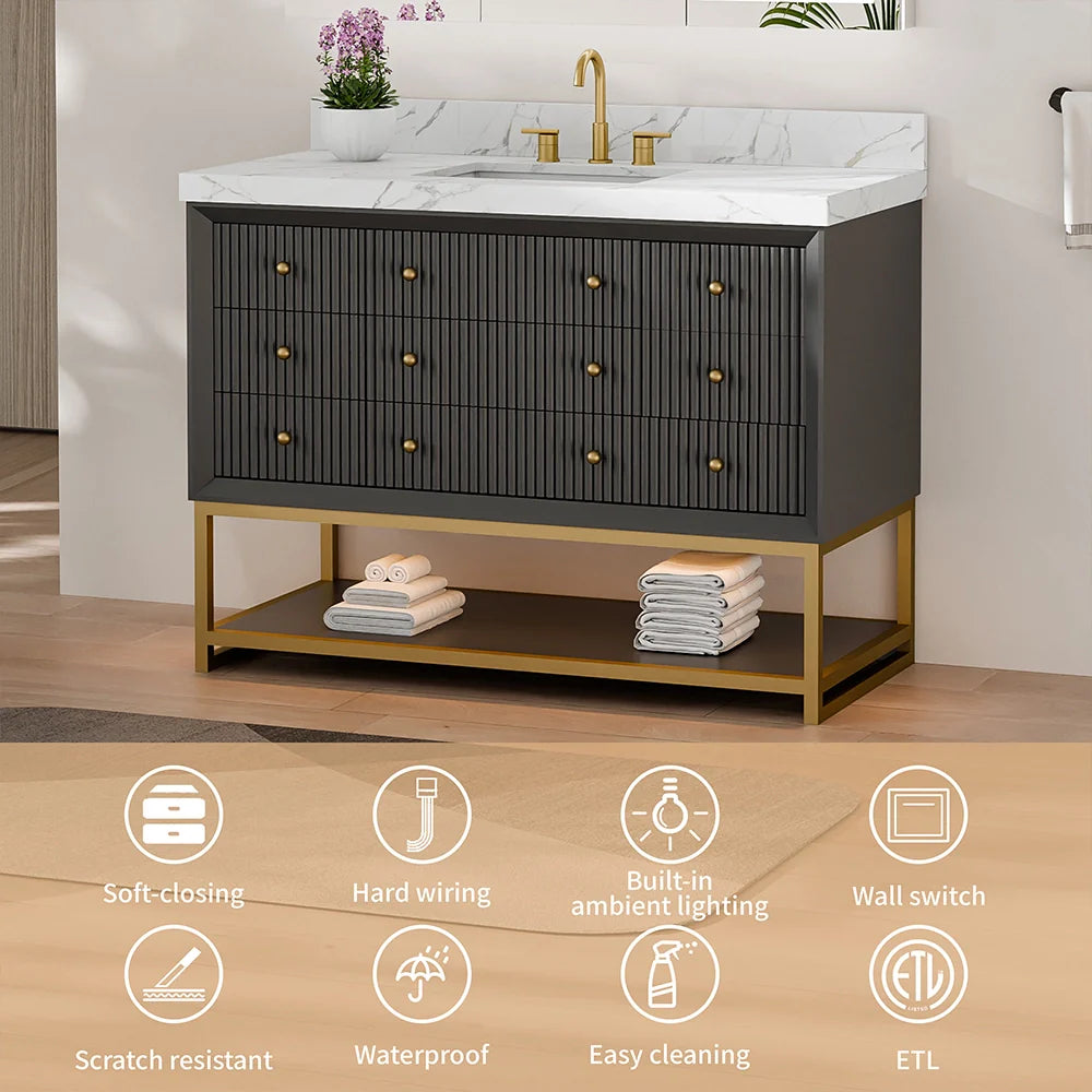 48-In Fluted Solid Wood Bathroom Vanity, PU Lacquer, Half-Frame Steel Base – Single Sink