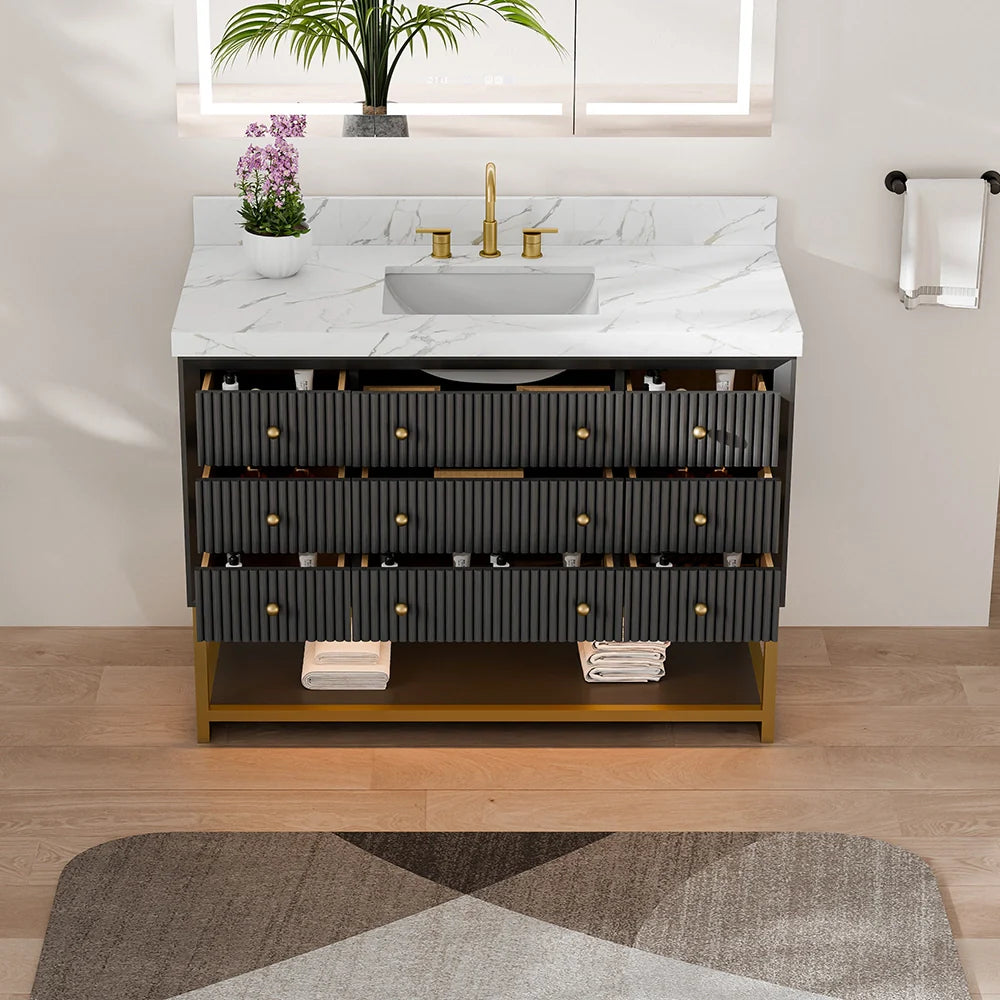 48-In Fluted Solid Wood Bathroom Vanity, PU Lacquer, Half-Frame Steel Base – Single Sink