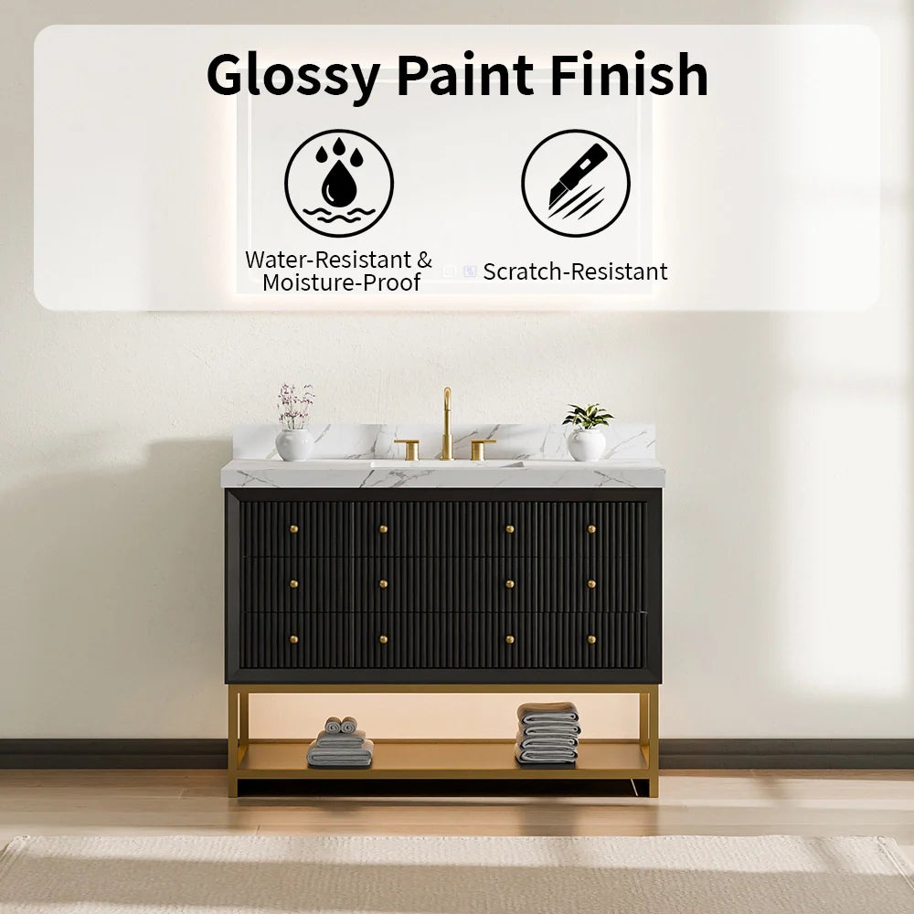 48-In Fluted Solid Wood Bathroom Vanity, PU Lacquer, Half-Frame Steel Base – Single Sink