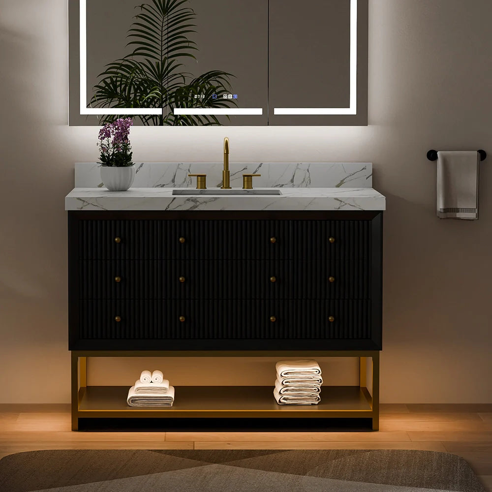 48-In Fluted Solid Wood Bathroom Vanity, PU Lacquer, Half-Frame Steel Base – Single Sink