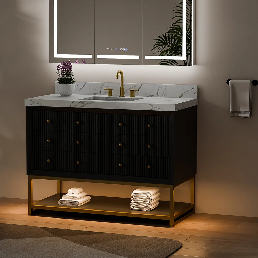 48-In Fluted Solid Wood Bathroom Vanity, PU Lacquer, Half-Frame Steel Base – Single Sink