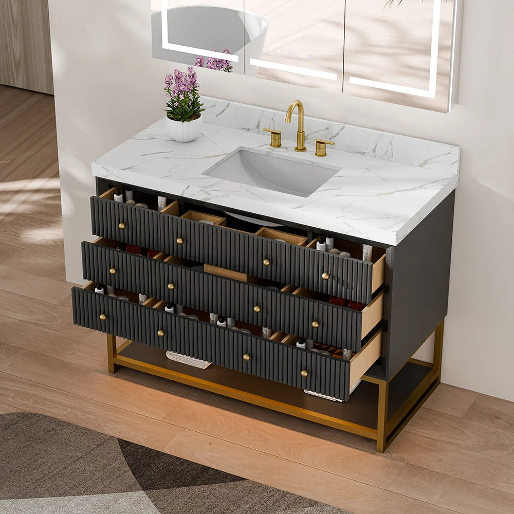 48-In Fluted Solid Wood Bathroom Vanity, PU Lacquer, Half-Frame Steel Base – Single Sink