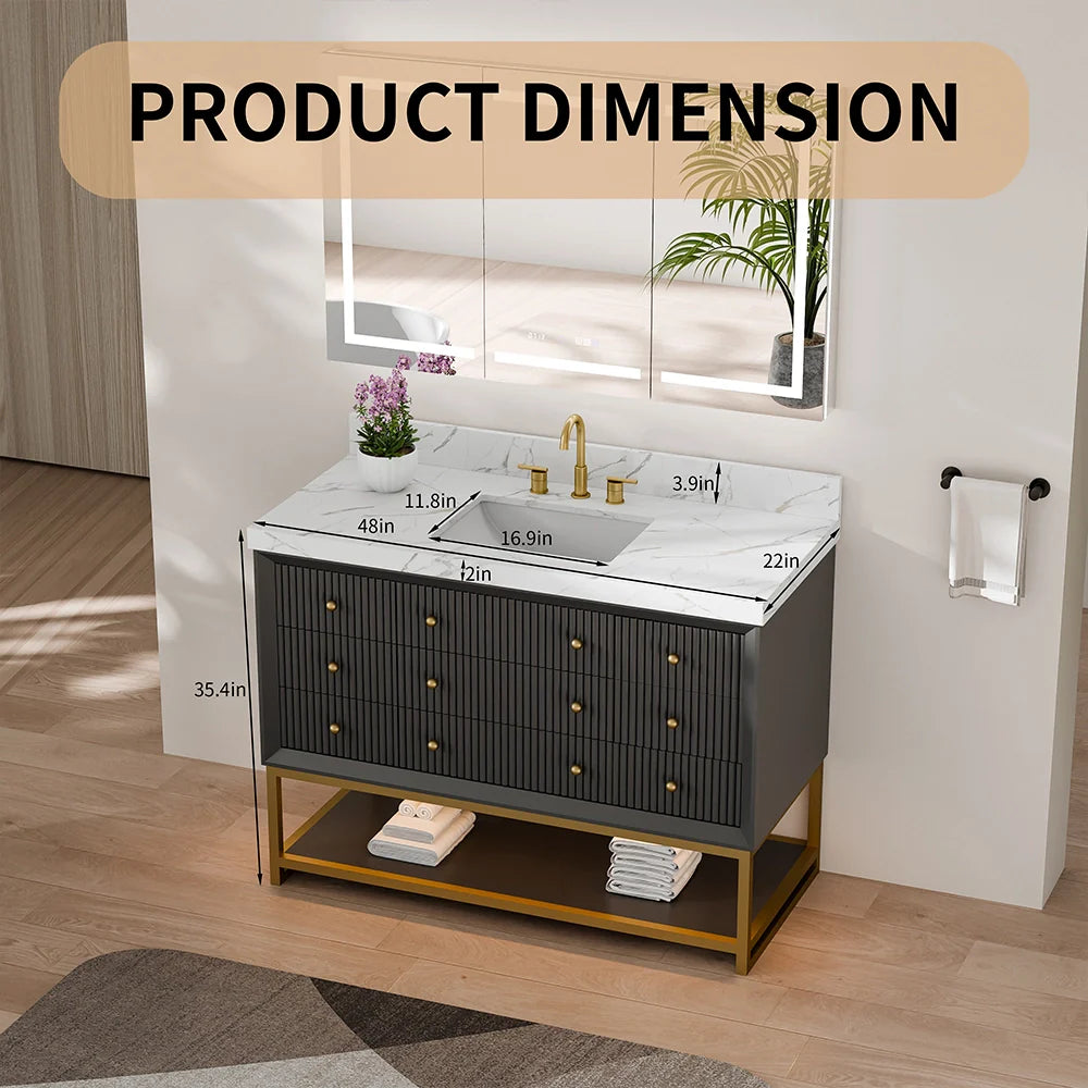 48-In Fluted Solid Wood Bathroom Vanity, PU Lacquer, Half-Frame Steel Base – Single Sink