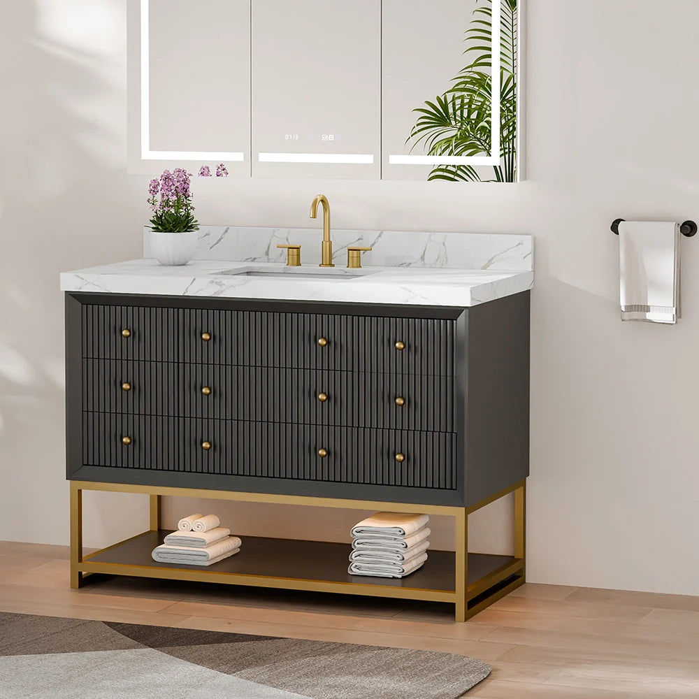48-In Fluted Solid Wood Bathroom Vanity, PU Lacquer, Half-Frame Steel Base – Single Sink