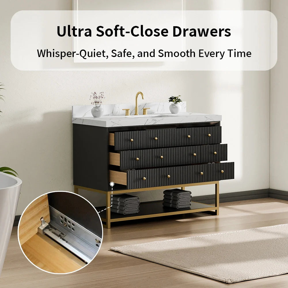 48-In Fluted Solid Wood Bathroom Vanity, PU Lacquer, Half-Frame Steel Base – Single Sink