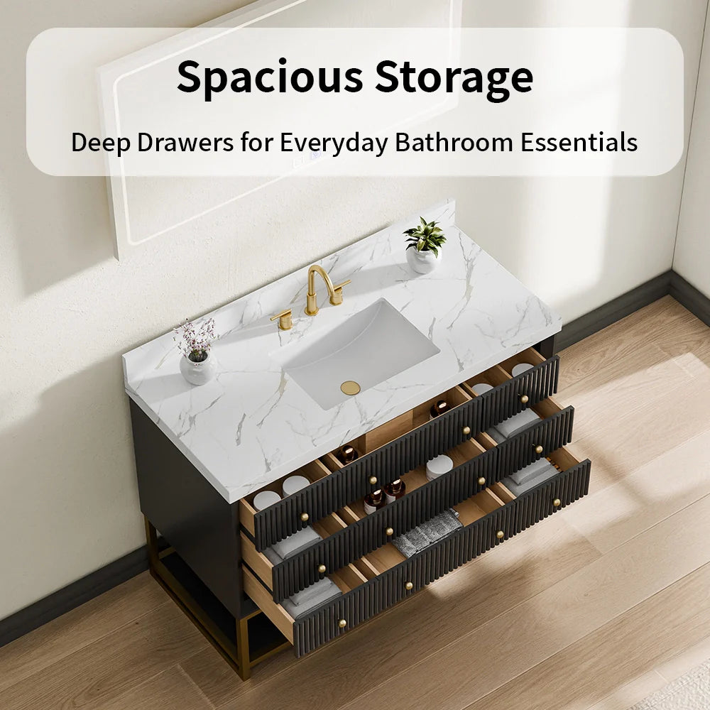 48-In Fluted Solid Wood Bathroom Vanity, PU Lacquer, Half-Frame Steel Base – Single Sink