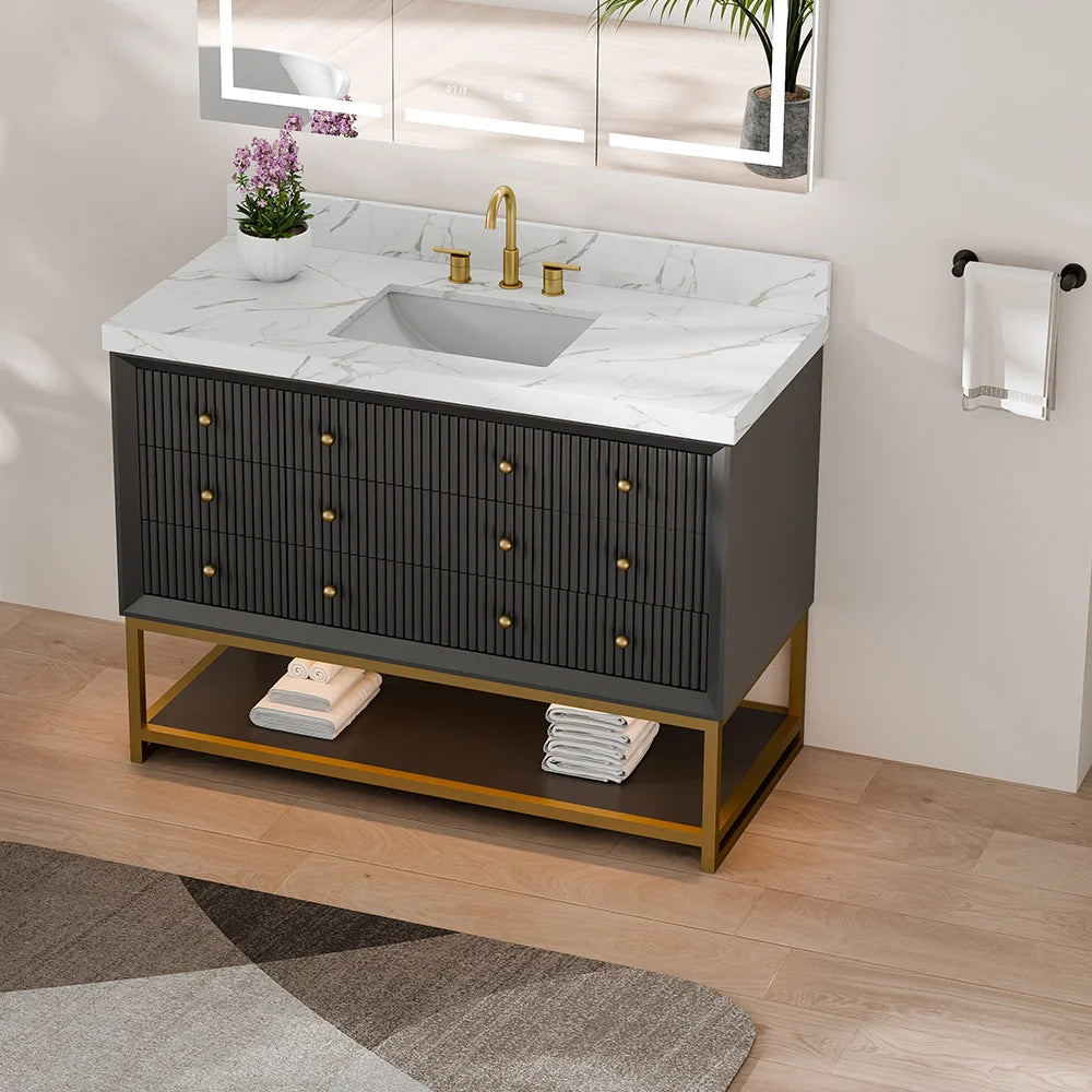 48-In Fluted Solid Wood Bathroom Vanity, PU Lacquer, Half-Frame Steel Base – Single Sink