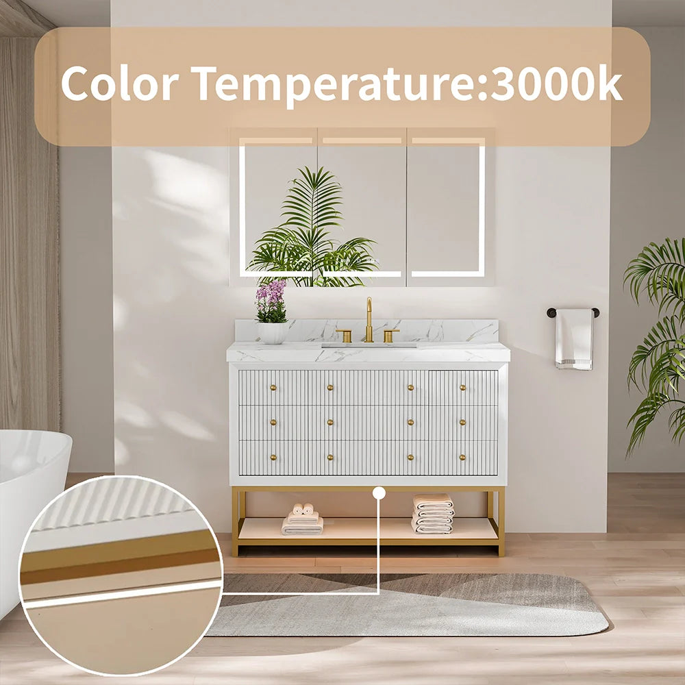 48-In Fluted Solid Wood Bathroom Vanity, PU Lacquer, Half-Frame Steel Base – Single Sink