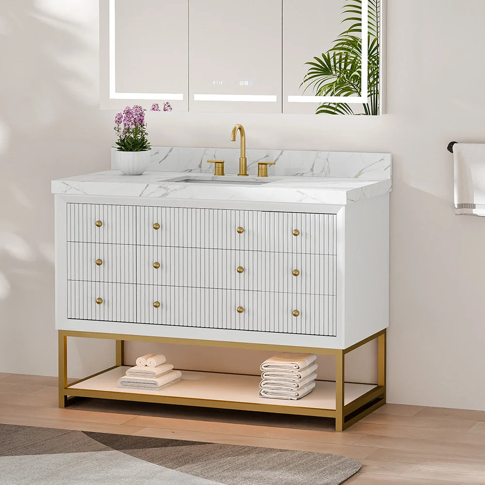 48-In Fluted Solid Wood Bathroom Vanity, PU Lacquer, Half-Frame Steel Base – Single Sink